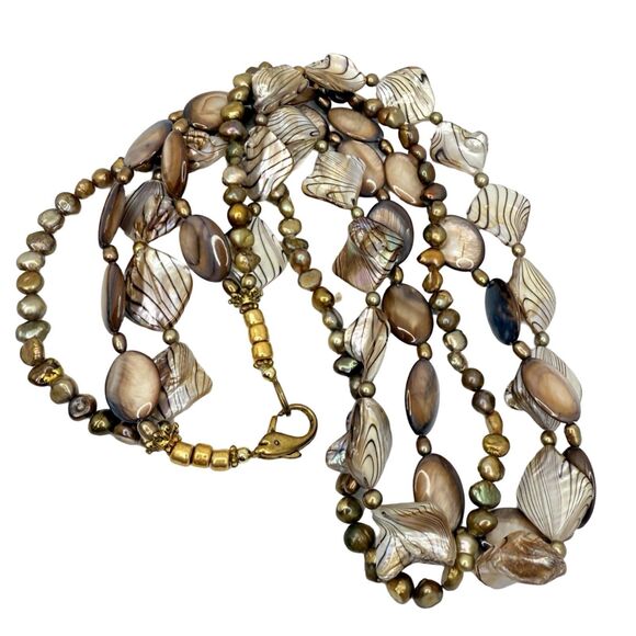 Abalone Shell Fresh Water Pearl Layered Necklace 23" Variegated Beaded Nautical - Picture 6 of 10